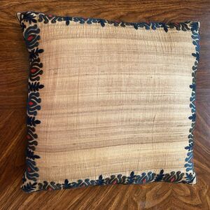 Pier One Throw Pillow Cover, Embroidered Trim Beige Blue Accent Pillow